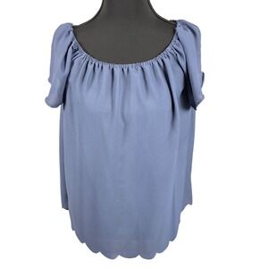 Miami Women Blue Chiffon Flutter Sleeve Scalloped Hem Blouse Top Large